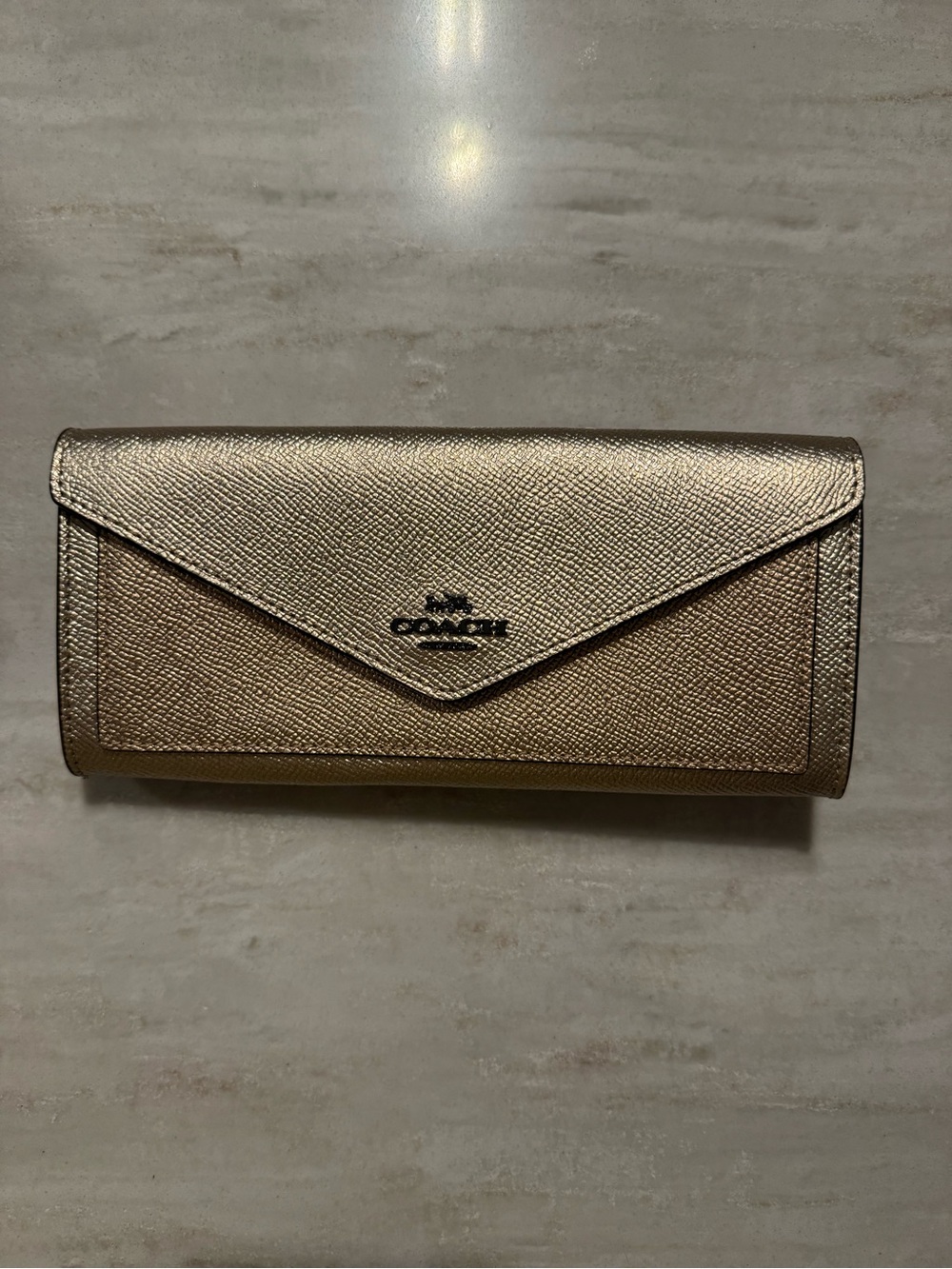 Coach Soft Wallet Metallic Platinum Crossgrain Leather Envelope Flap
